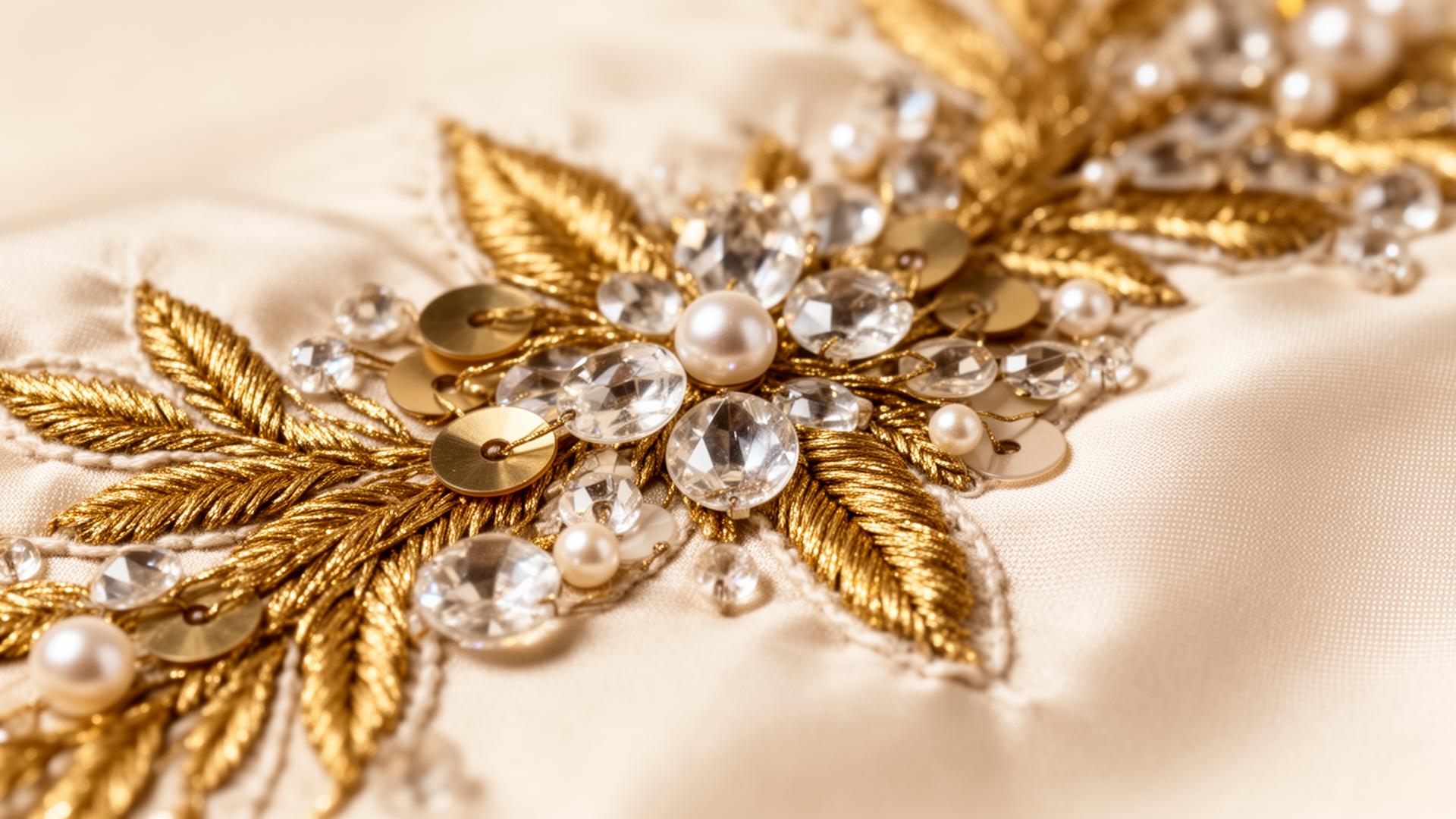 Crystal, pearl and hand-set embellishments.